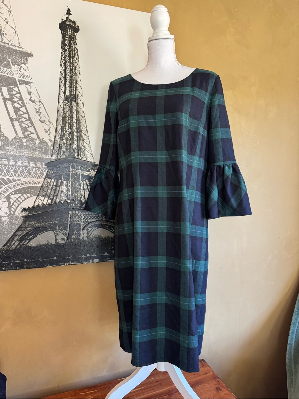 Talbots Navy & Green Plaid Bell-Sleeve Midi Dress 12